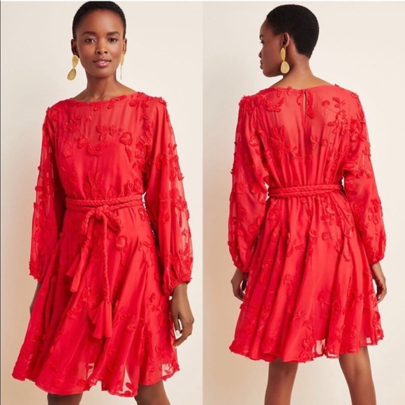 Mare Mare Amal Textured Red Floral Embroidered Mini Dress Tie Belt - Picture 2 of 6